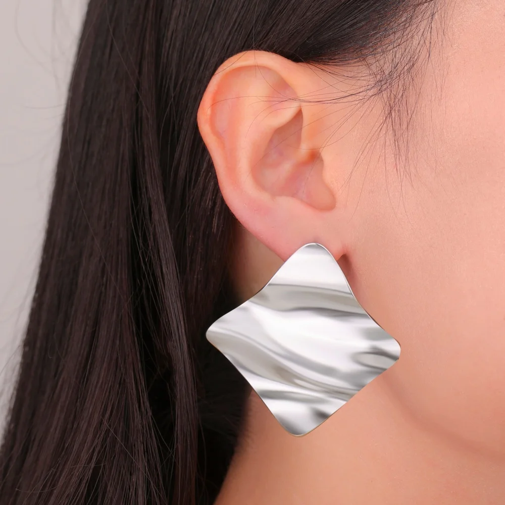 Water Ripple Square Stud Earrings for Women Girls Ear Jacket Geometric Earrings luxury Stainless Steel Jewelry Party Gifts image 4