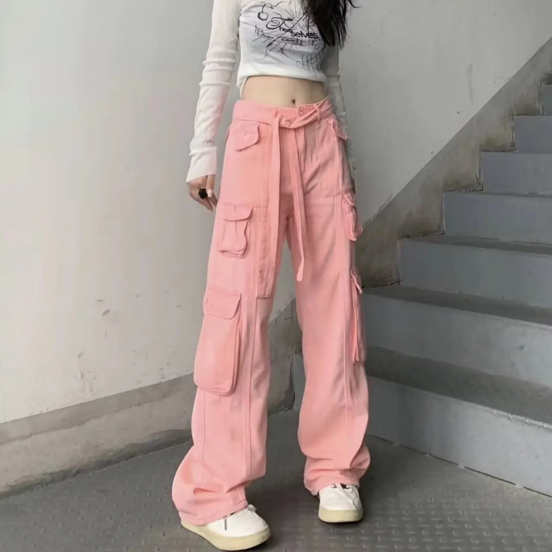 

Korea Style Pink Fashion Cargo Pants Women's Baggy Trousers Sweatpant Y2k High Waist Wide-leg Pants 2023 High street sweet