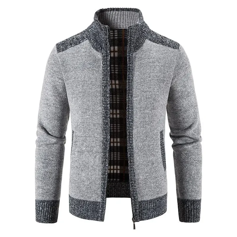 

​Men's Autumn Winter Plus Size Color Block Zipper Knit Cardigan Thickened Fleece Lined Warm Outerwear Sweater Jacket​