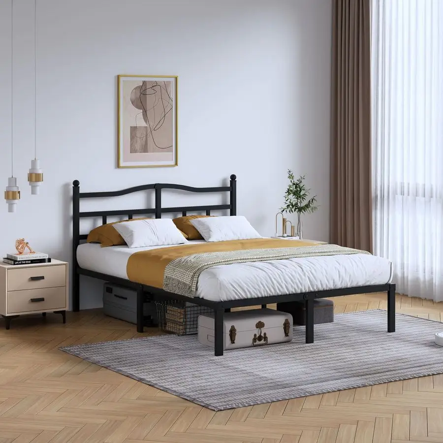 

SHOANED 14 Inch Metal Bed Frame Queen Size Heavy Duty Bedframe with Headboard Black Basic Steel Slats Platform No Box Spring Ne