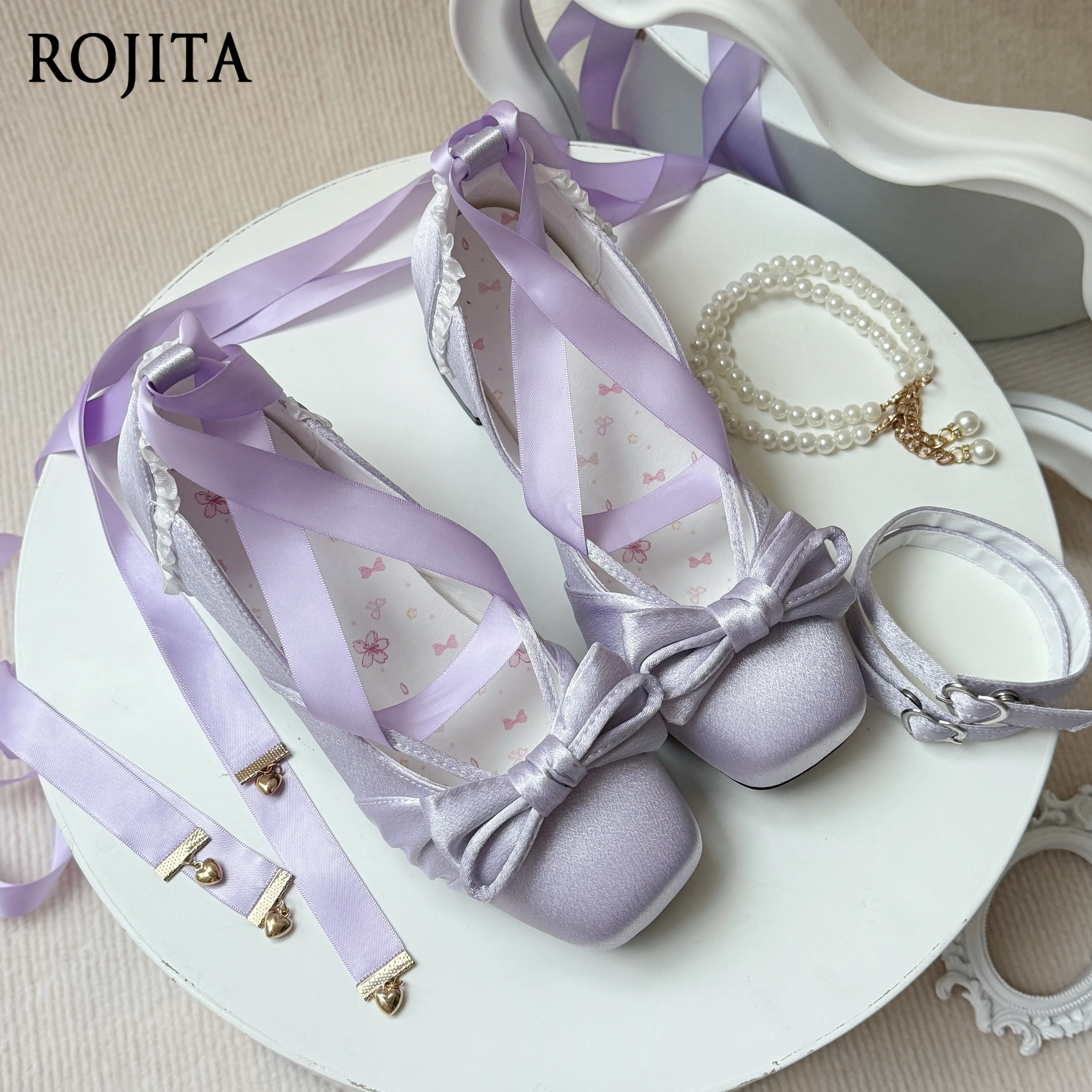 

Thrilling Ballet Style Purple Flat Shoes Women Spring Summer Original Lolita Square Toe Elegant Low Heel Satin Mary Jane Shoes