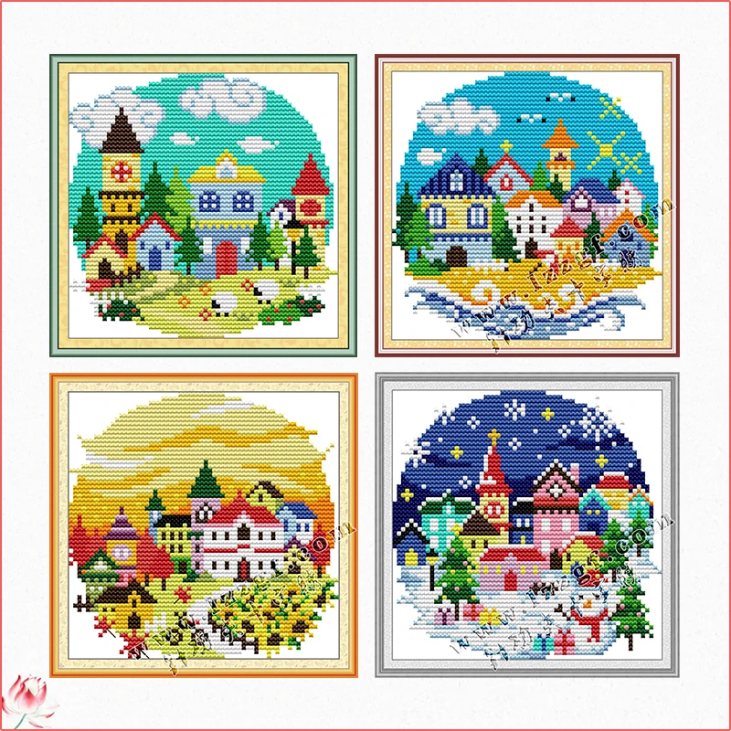 Joy Sunday Count Cross Stitch Kits DIY Four Seasons Village Pattern Sewing Kit Aida 14CT 11CT DMC Thread Embroidery Set Decor