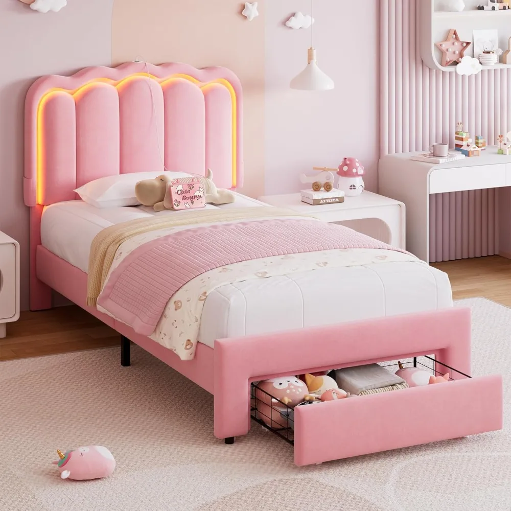

Twin Upholstered LED Bed Frame with Storage Drawer and Adjustable Chic Double Wavy Headboard, Velvet Princess Platform Bed for G