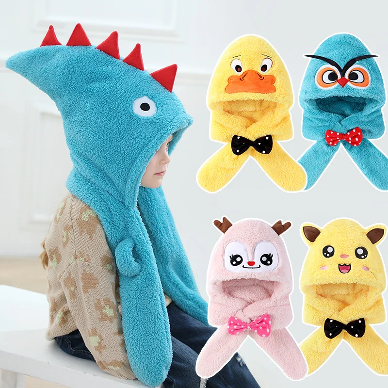 

Kids Hat Scarf In One Winter Baby Earflap Hats Boy Girl Bonnet Warm Children Windproof Balaclava Hooded Scarf Infant Beanie Cap