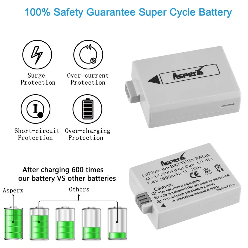 AsperX 1500mAh LPE5 LP-E5 Battery  for Canon EOS Rebel XS Rebel T1i Rebel XSi 1000D 500D 450D Kiss X3 Kiss X2 Kiss F