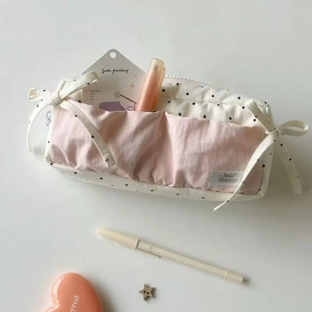 Simple Polka Dot Pattern Pen Bag Large Capacity Multifunctional Pencil Case Bowknot Deisgn Stationery Organizer Gift
