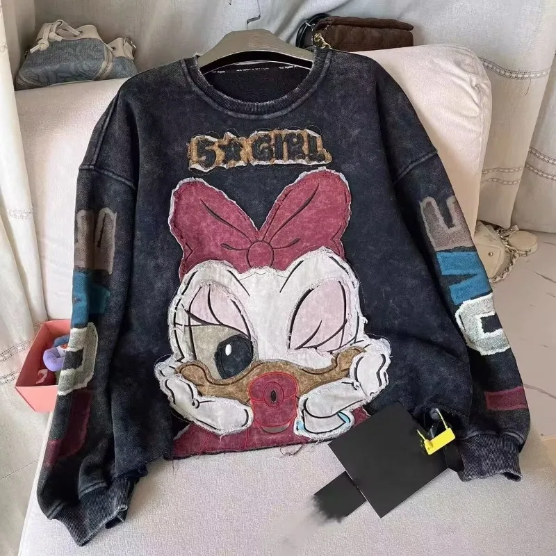 

Oversized Clothes Heavy Craft Bow Cute Patchwork Sweet Tops Embroidered Cartoon Daisy Long Sleeve Sweatshirt Streetwear Women