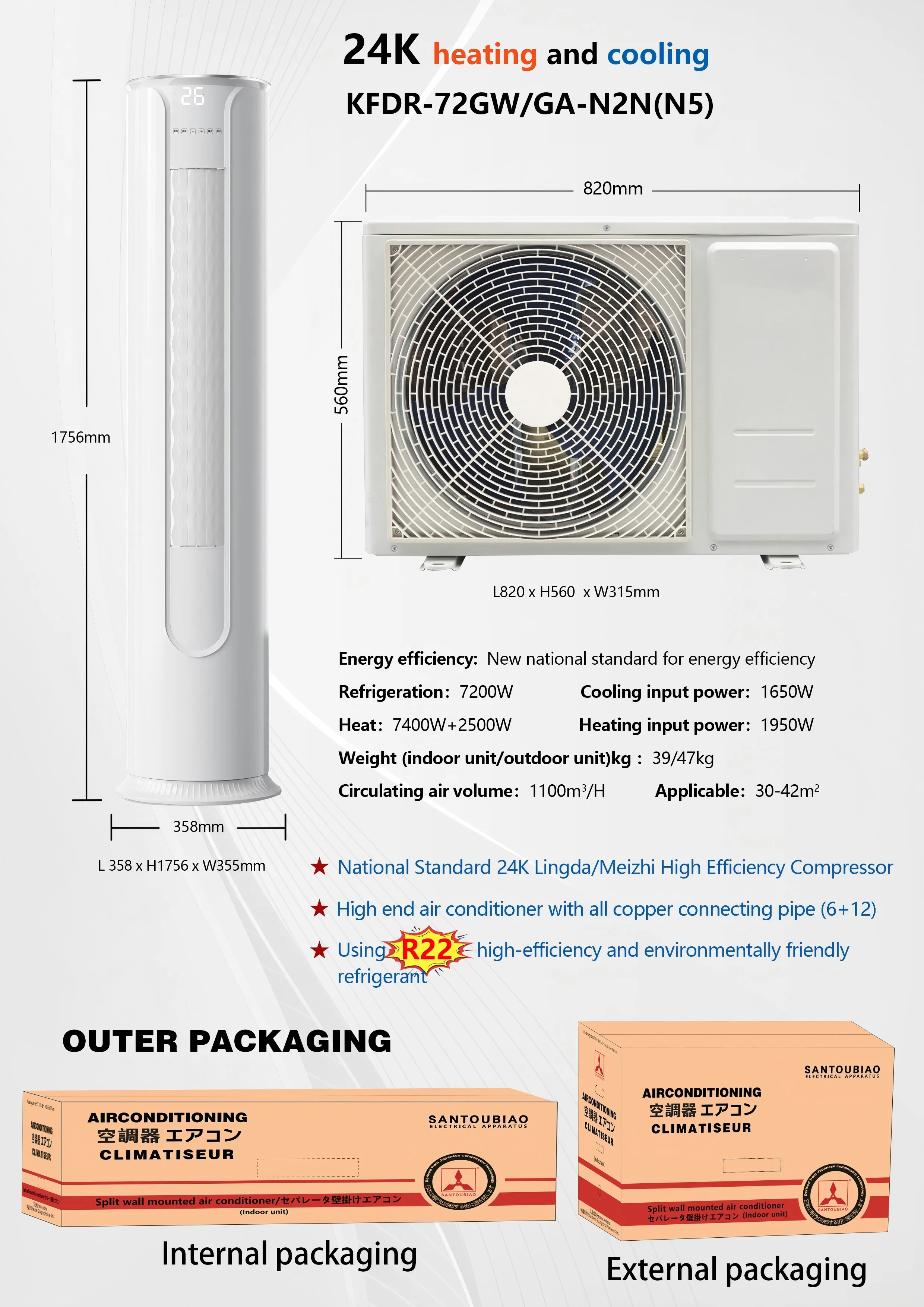 Sistema de Calefacción y Refrigeración de Alta Eficiencia con Aire Acondicionado Inverter de 18000 BTU, Tipo Gabinete Cilíndrico de Pie, Calidad Premium