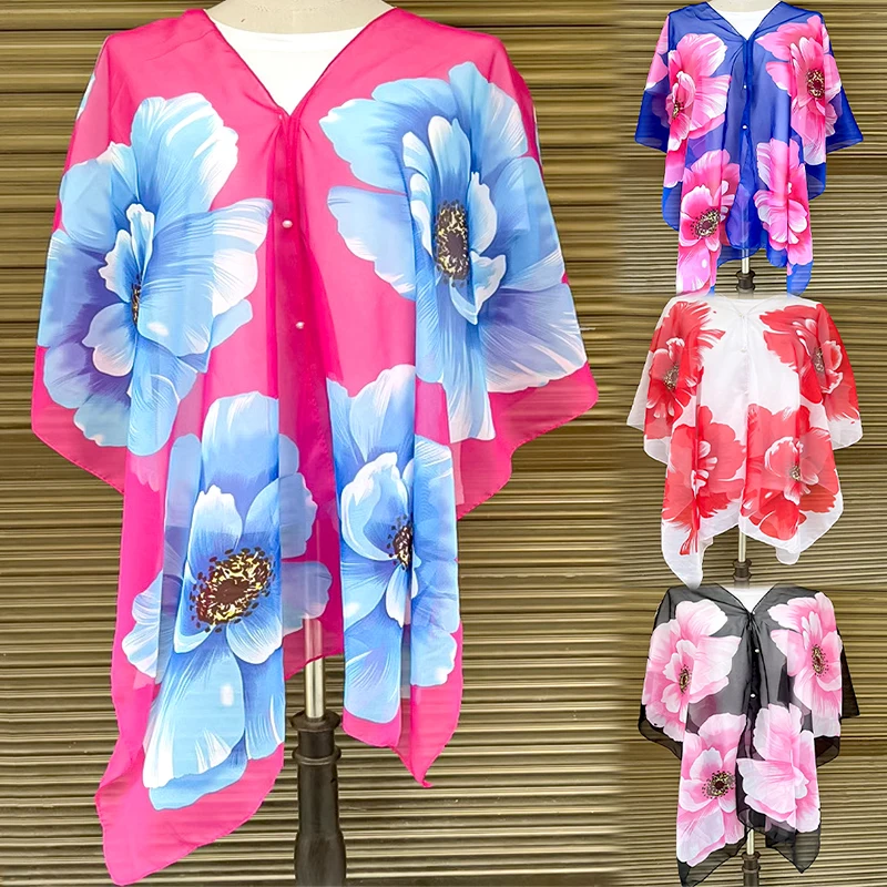 Large Flower Print Pearl Shawl For Women Wraps Poncho Outdoor Beach Sun Protection Scarf Female Fashion Accessories