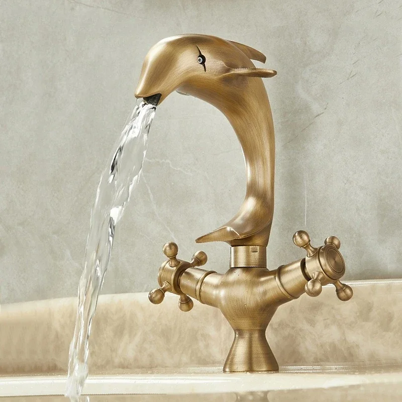 Antique Dolphin shape Brass Faucet Bathroom cabinet counter Basin Cold and Hot Double handle Faucet splash-proof