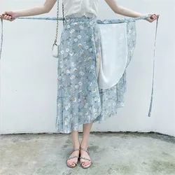 Fashion Women Floral Print Chiffon Skirts Lady Elegant Asymmetrical Ruffles Skirts Summer Beach Holiday  Bottoms