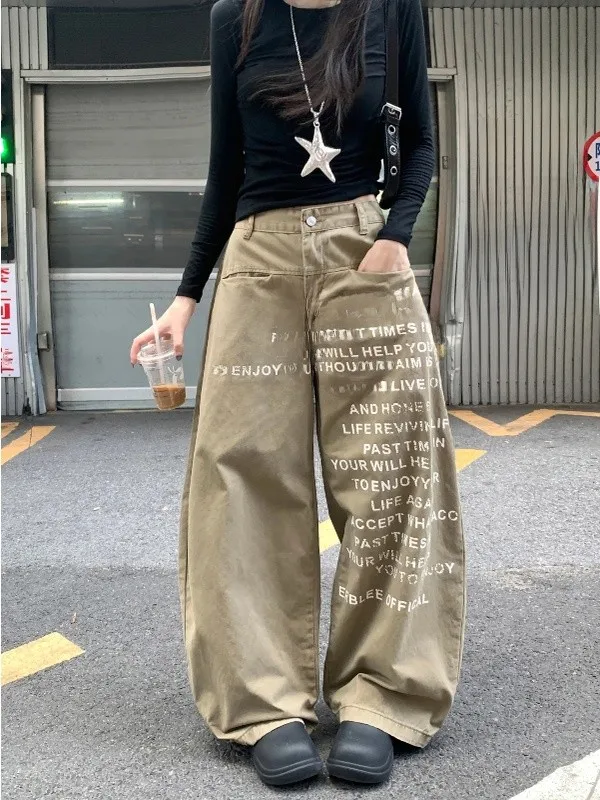 

Широкие джинсы большого размера с высокой талией, женские джинсы с буквенным принтом, уникальные осенние модные маленькие брюки