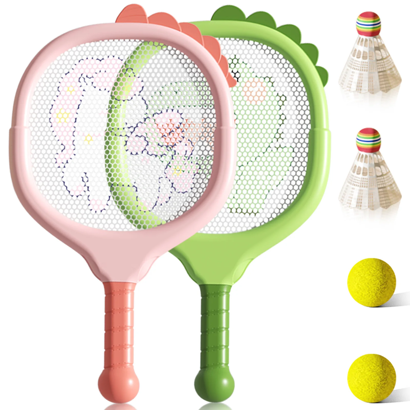 

3+ Kids Animal Racket Set,Pink Pony And Green Dinosaur Mesh Paddles with 2 Badminton + 2 Tennis Balls
