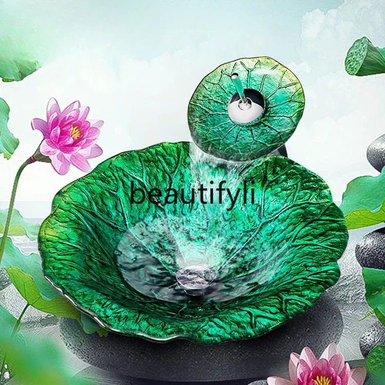 

ss Bathroom tempered glass art table basin lotus leaf wash basin B & B hotel face wash basin