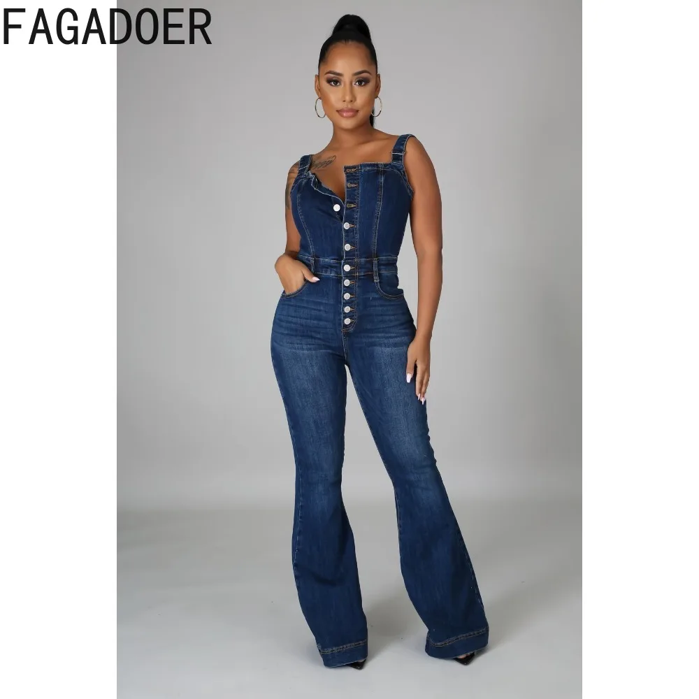 FAGADOER Vintage Blue Fashion Button Denim Jumpsuits Women Strap Sleeveless Pocket Cowboy Playsuit Female Wide Leg Pants Overall