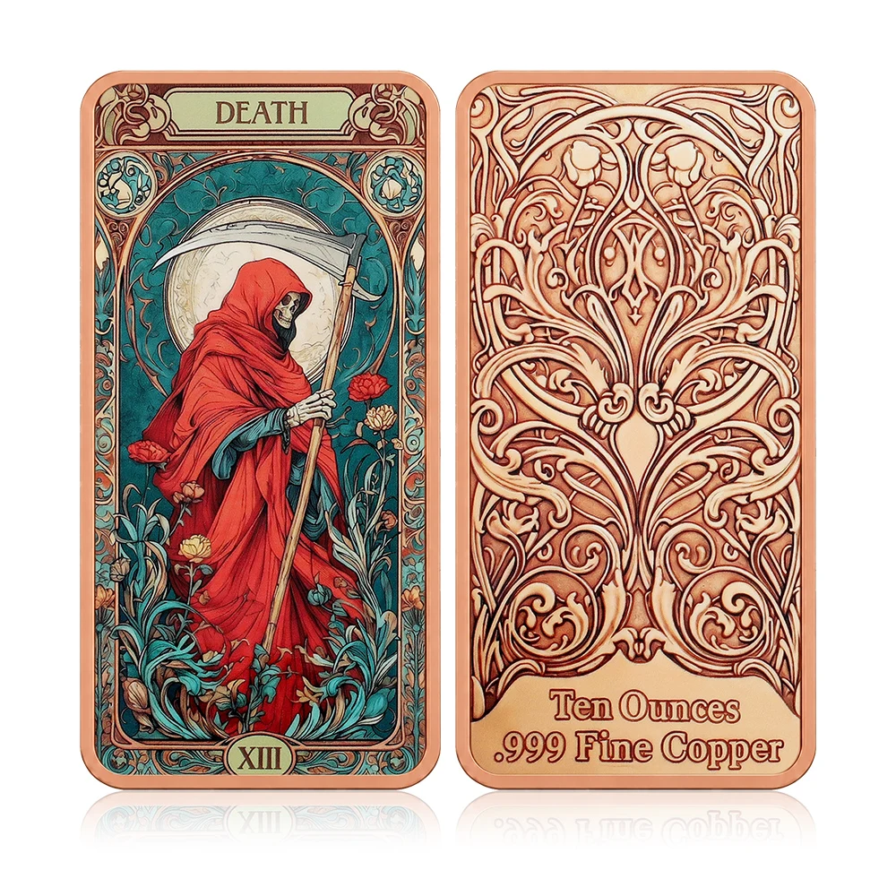 10oz .999 Fine Copper Bar Death XIII Tarot Card Grim Reaper Red Robe Skeleton Pure Copper Bars Gothic Witchcraft Decor Gift