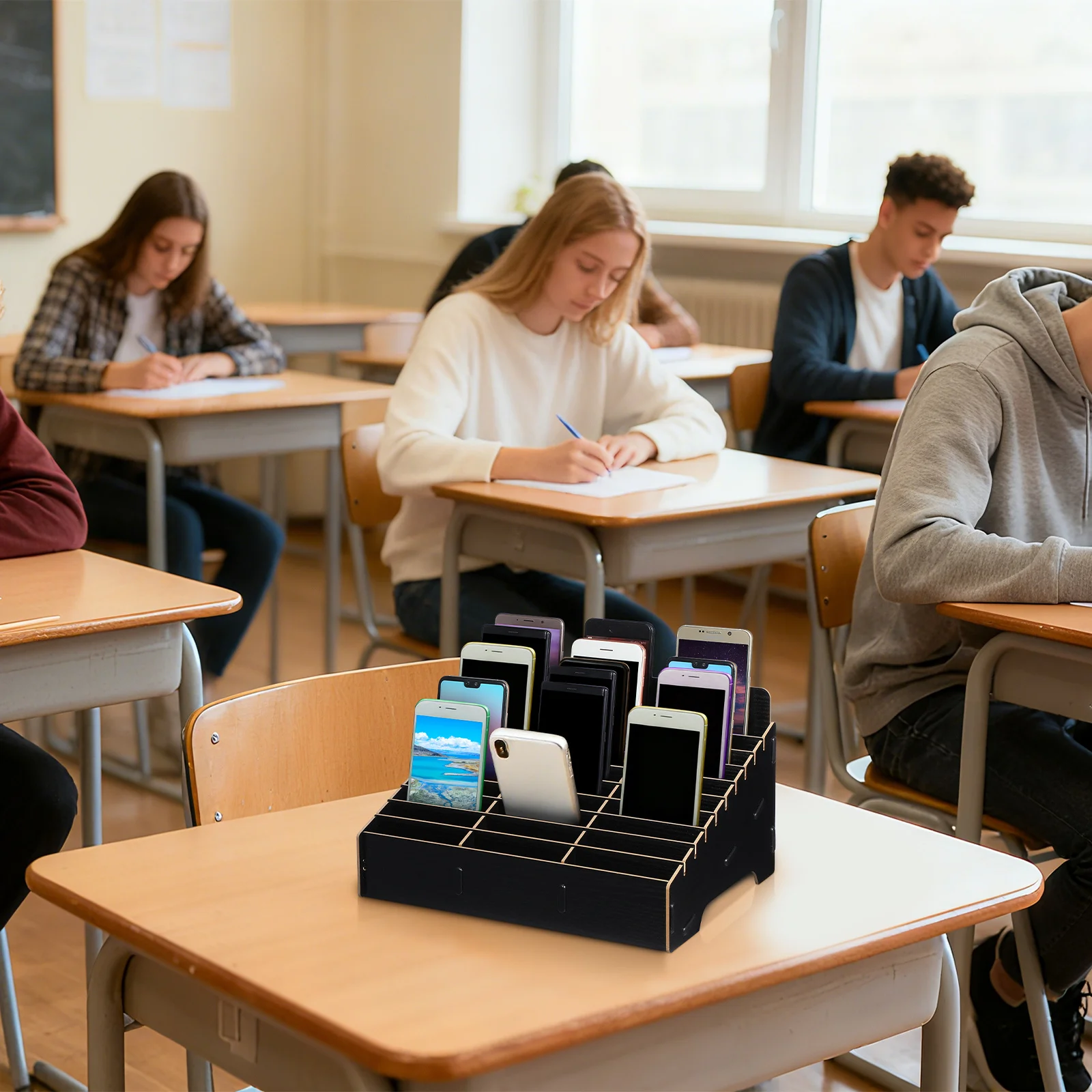 

Multi-Grid Phone Storage Box Black Wooden Cell Phone Rack For Office Classroom Repair Shop Organizer Display Holder Home Supply