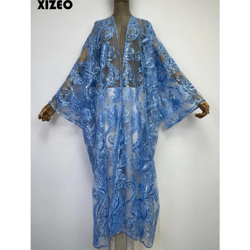 XIZEO Summer Women Cardigan stitch fashion sexy Boho Holiday free size long Sleeve Silk feeling Robe elegant kimono kaftan