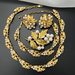French retro palace style leaf shape pearl necklace jewelry set high-end luxury banquet accessories