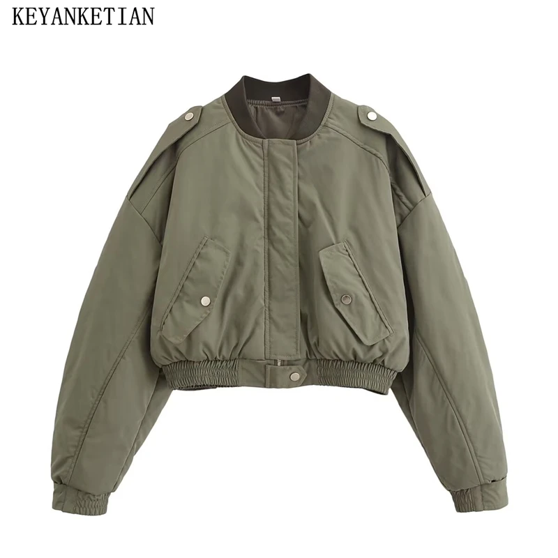 KEYANKETIAN 2024 Winter New Women's Army Green Cotton Jacket Street style Epaulet Stand collar Loose Crop Blazer Greatcoat Top