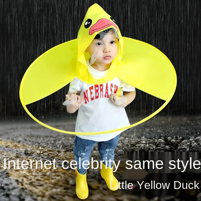 Creative Kids Rain Cover Cute Cartoon Duck UFO Children's Raincoat Boys And Girls Umbrella Hat Windproof Poncho Rain Gear Hot