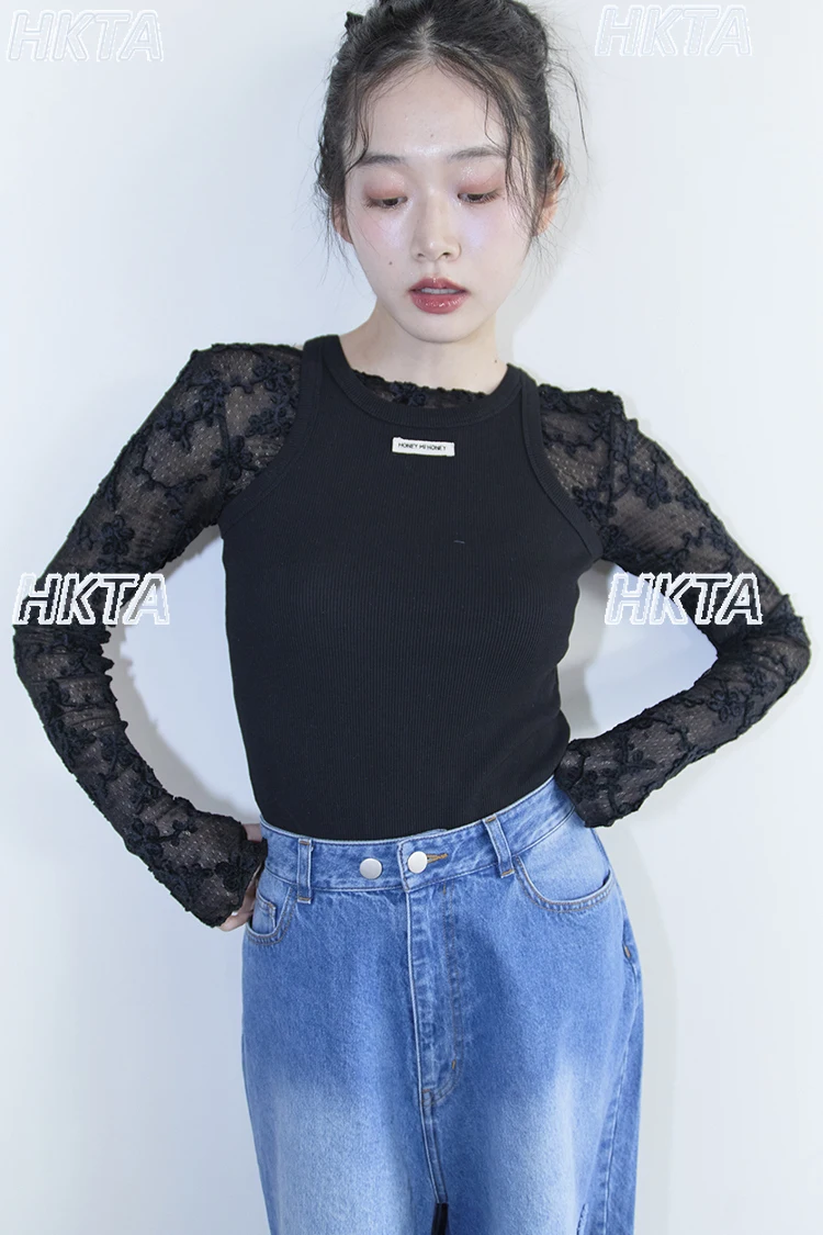 Maglietta giapponese elegante sexy dolce tridimensionale fiore pizzo sottile elastico senza schienale dolce maglietta a maniche lunghe top maglietta bianca da donna