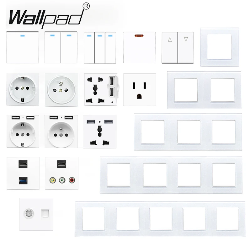 DIY Glass Frame 45A 20A Wall Switch with LED 16A French UK EU Socket with USB HDMI Satellite TV Data Audio AV Footlight Socket