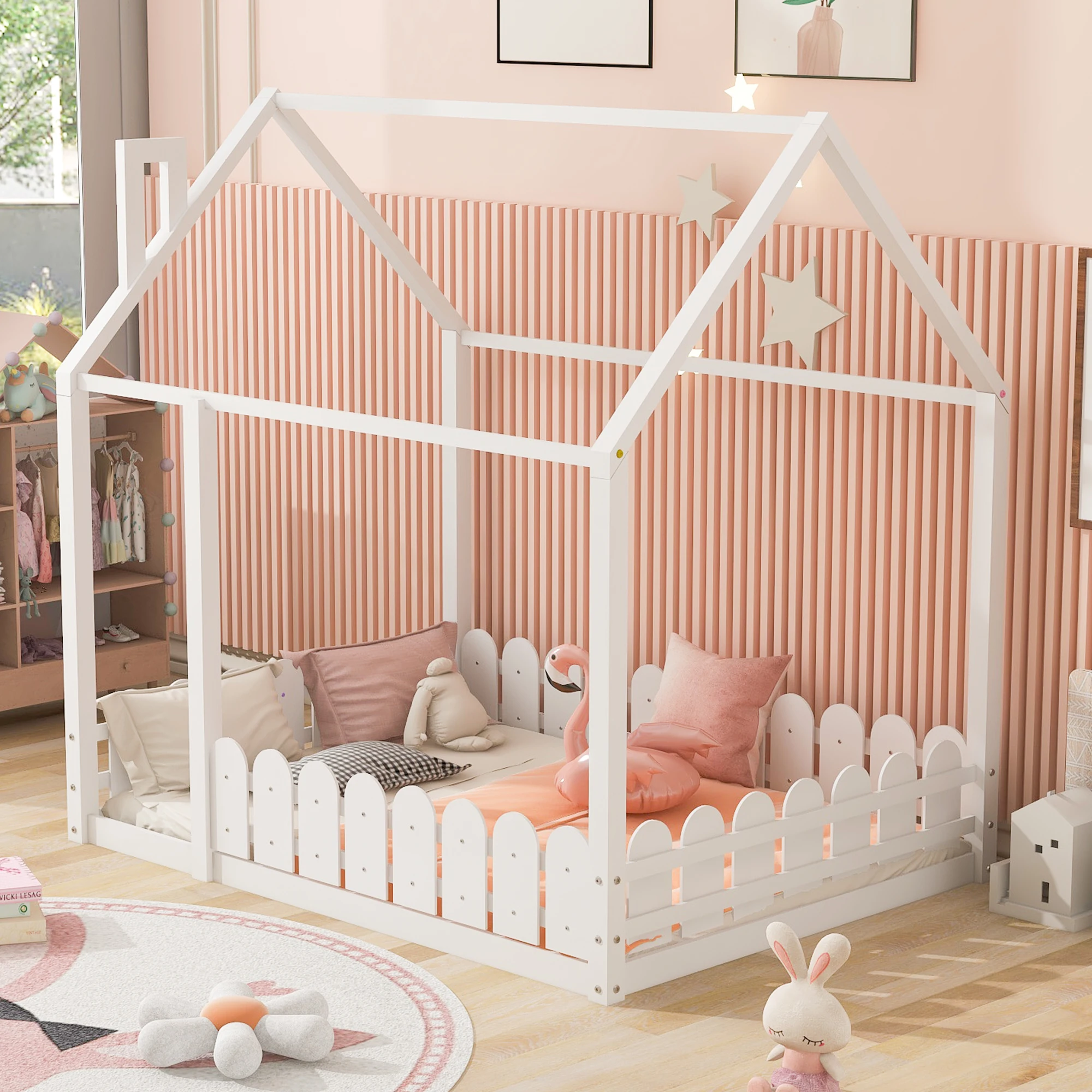 (Slats are not included)Full Size Wood Bed House Bed Frame with Fence,for Kids,Teens,Girls,Boys