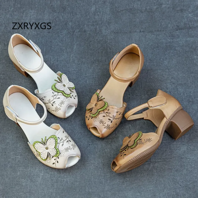 ZXRYXGS Top Cowhide Printing Flowers Sandals Mid Heels Summer Spell Colors Fish Mouth Shoes Ladies' Fashion Sandals Sandals 2026