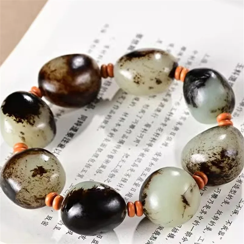 Lucky Natural Genuine Goods Xinjiang Hetian Black Jade Pebble Rough Stone Original Leather Bracelet for Men a