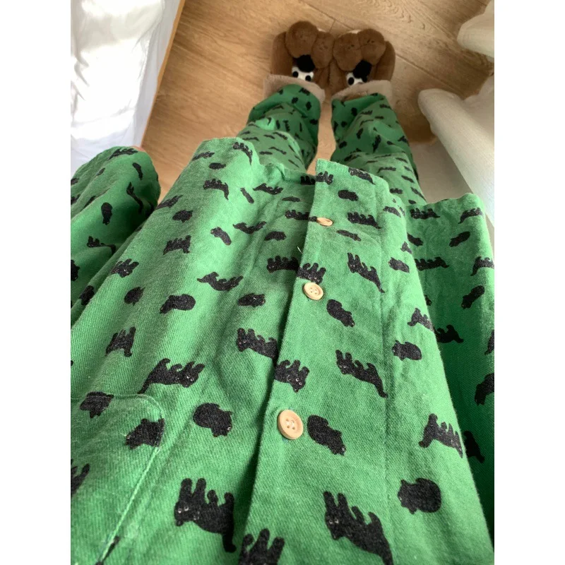 Korean Style Color Block  Print Fleece Pajamas Women's Autumn Winter Thickened Home Clothes Two-Piece Set Can Be Worn outside