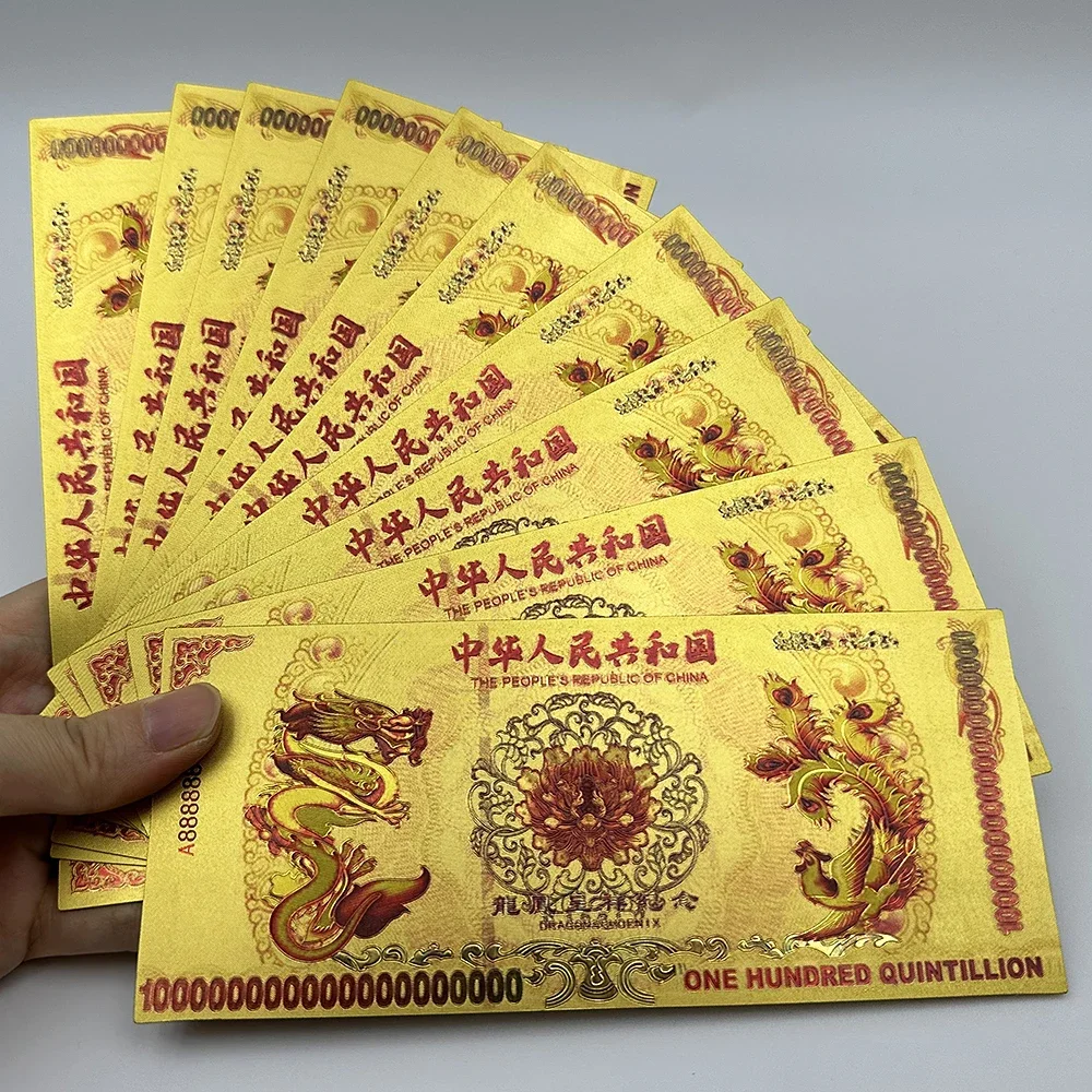 

10pcs Chinese Yellow Dragon and Phoenix Gold Banknotes One Hundred Quintillion Dollars Commemorative Bank Notes Collectibles