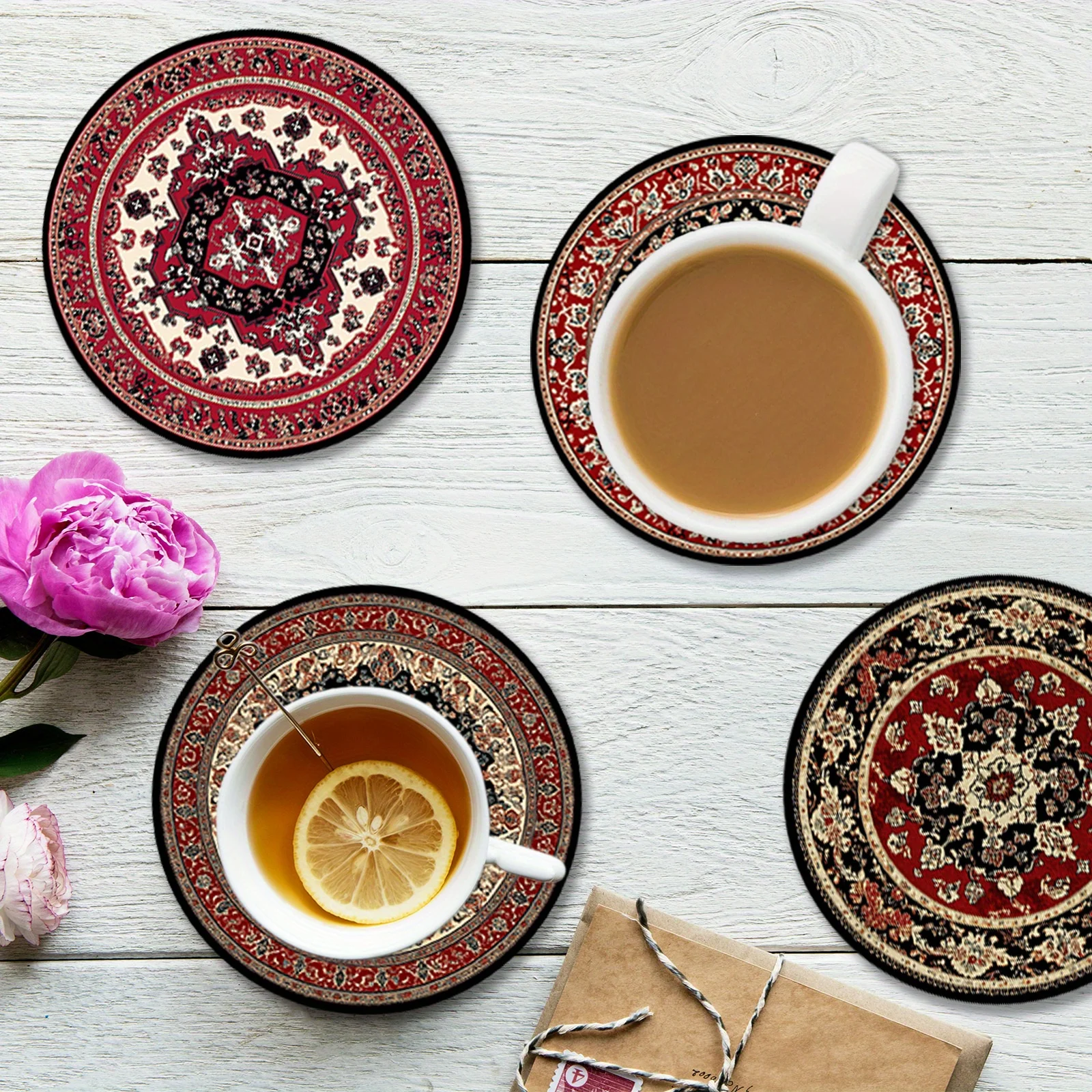6pcs 2DTraditional Floral Flat Wooden Coaster Anti-Slip Heat-Resistant Home Office Party Great Tabletop Decorative Item Artworks