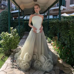 Thinyfull Elegant A-Line Prom Evening Dresses Strapless 3D Flower Long Tulle Party Dress Women Cocktail Prom Gowns Customized