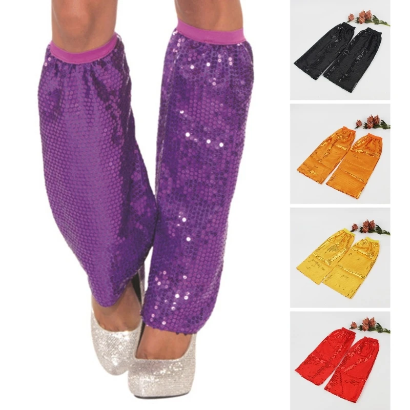 Women Glitter Sequins Elastic Cuffs Leg Warmers Punk Harajuku Knee High Leg Socks Dance Party Rave Costume Leg Sleeve Gaiters