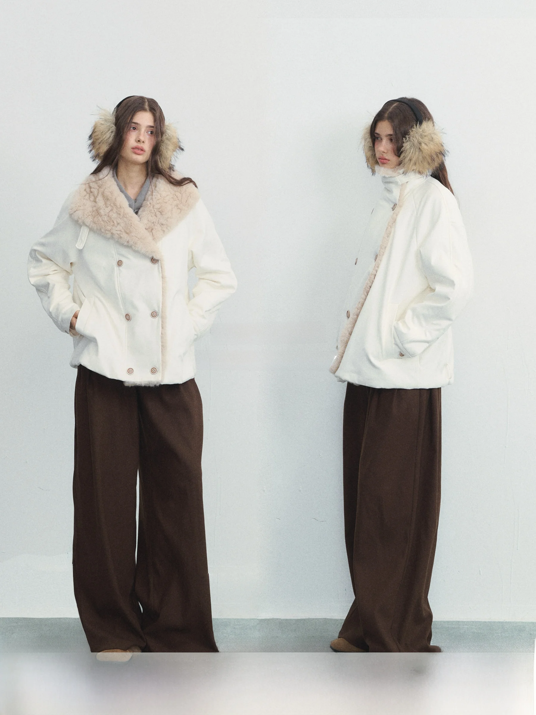 

SPEAR YOUTH Double-Breasted High Collar Patchwork Coat with Fur Trim Loose Fit Long Sve Cotton Jaet for Women