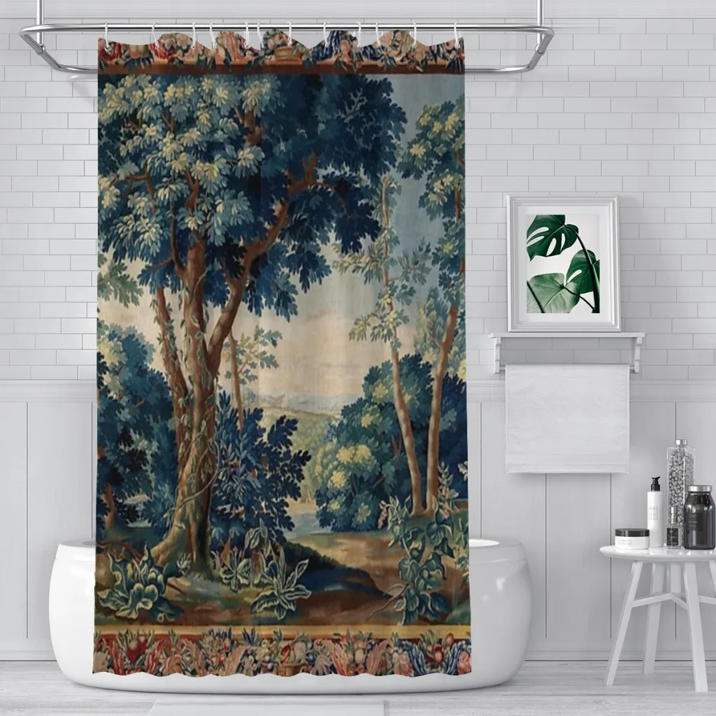 GREENERY, TREES IN WOODLAND LANDSCAPE Antique Flemish Tapestry Unique decor Modern Fabric Bathroom Shower Curtains