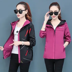 2023 New Spring Autumn Women Jacket Long Sleeve Hooded Windbreaker Female Two Side Wear Cartoon Print Jacket Loose Outwear F-231