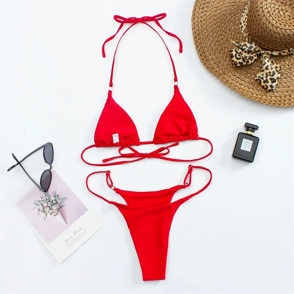 Biquíni vermelho micro corda sem costas maiô y2k halter push up banho feminino duas peças praia tangas maiô roupas de férias