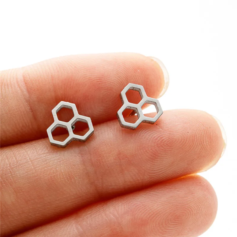 Cute Stainless Steel Honeycomb Earrings Women Simple Hexagon Ear Studs for Girls Geometry Chemistry Molecular Earings Pendientes image 5