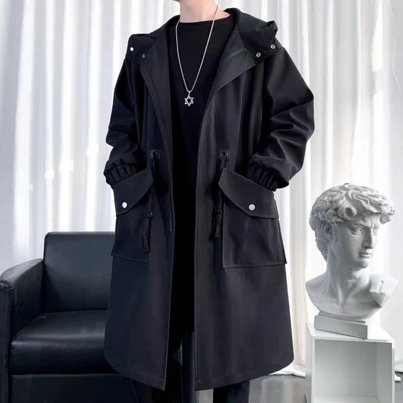 

Knee-Length Men's Overcoat Trendy Loose Fit Autumn Winter Faionable Coat Long Sle Single Button Pure Color Youth