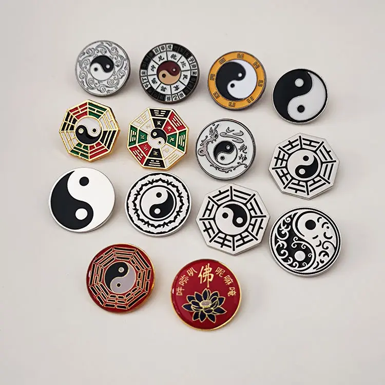 Chinese Tradition Culture Five Elements Yin Yang Tai Chi Bagua Brooch Buddhist Lotus Badge Insignia Jewelry Accessories