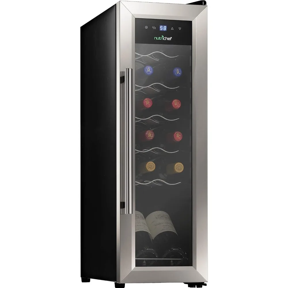 Refrigerador de encimera blanco y rojo, Mini nevera compacta independiente para vino con Control Digital, 12 botellas