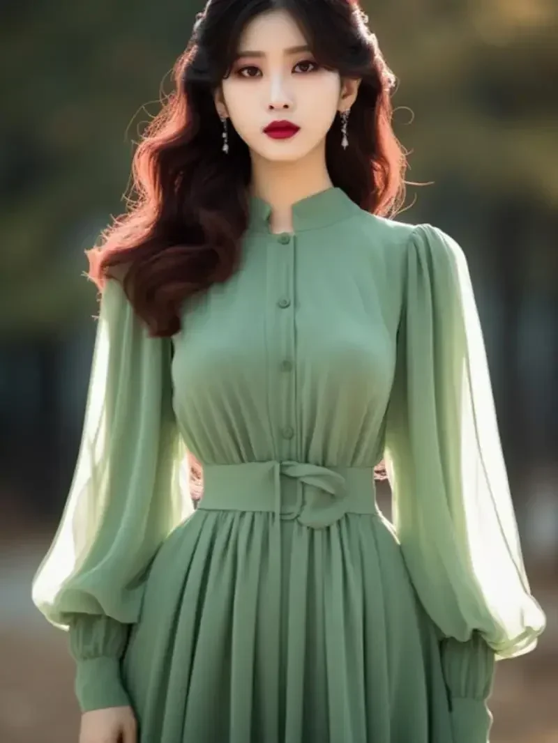 Gagarich Fashion Green White Chiffon Dress 2024 Spring New French Style Bubble Sleeve Banquet Presidential Dresses Women