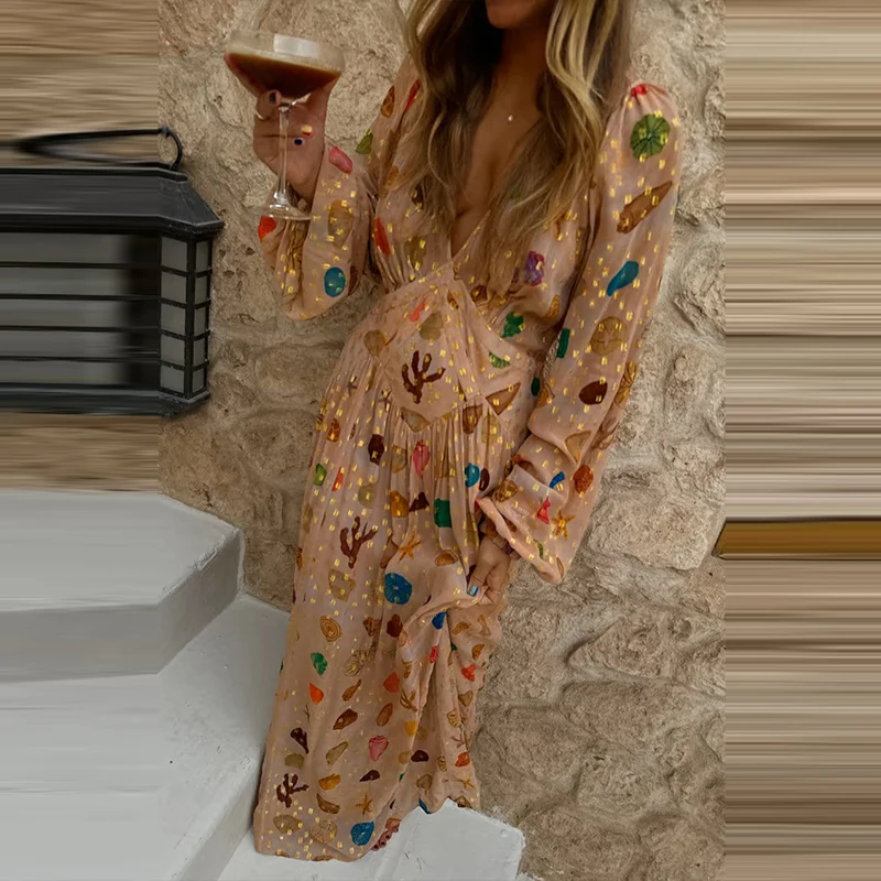 Elegant V-neck Hight Waist Holiday Long Dress Women Casual Long Sleeve Bohemian Dress Fashion Pattern Print Chiffon Party Dress