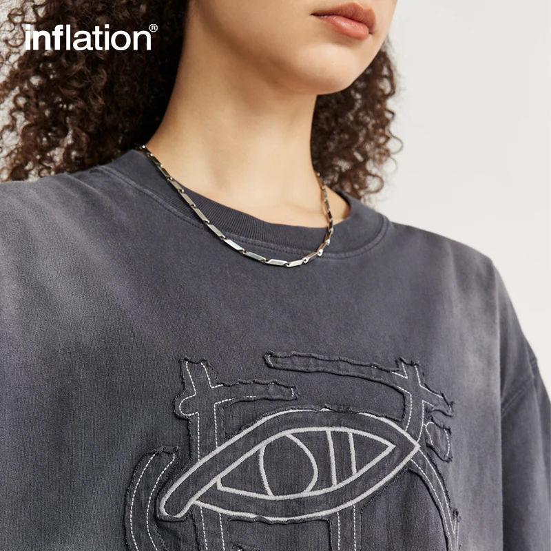 INFLATION Streetwear Acid Washed Patch Embroidery Tees Unisex Cotton Oversize Tshirt