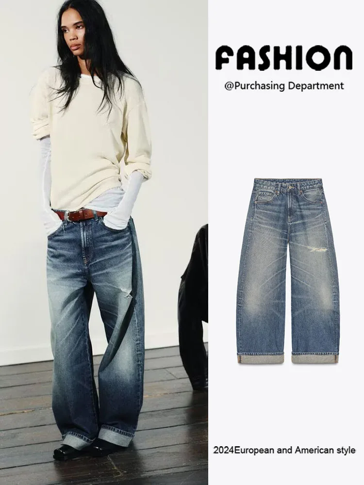 

Fashionable Casual Hole-Ripped Hemmed Denim Jeans Women's All-Match Loose Waist Mid-Rise New Arrival Autumn 2025