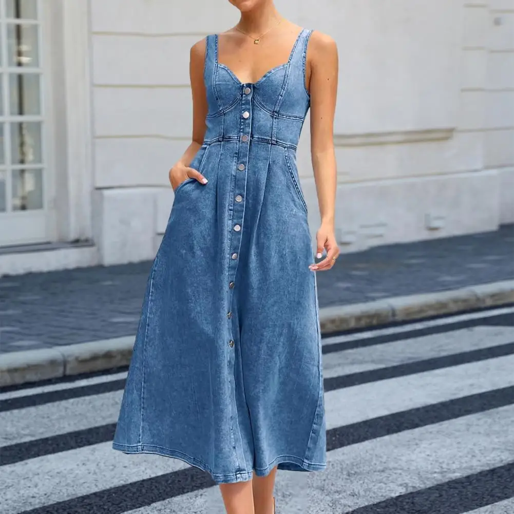 Robe en jean pour femmes, col à la mode, délavé, débardeur, sans manches, robe de plage, de fête, vêtements élégants, été ﻿