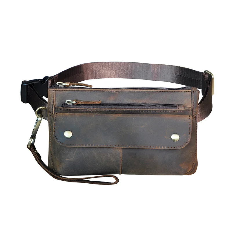 Oily Leather Cowhide Real Leather Men\'s Fashion Cool Mobile Phone Camera Outdoor 7 Inch Chest Bag Waist Bag