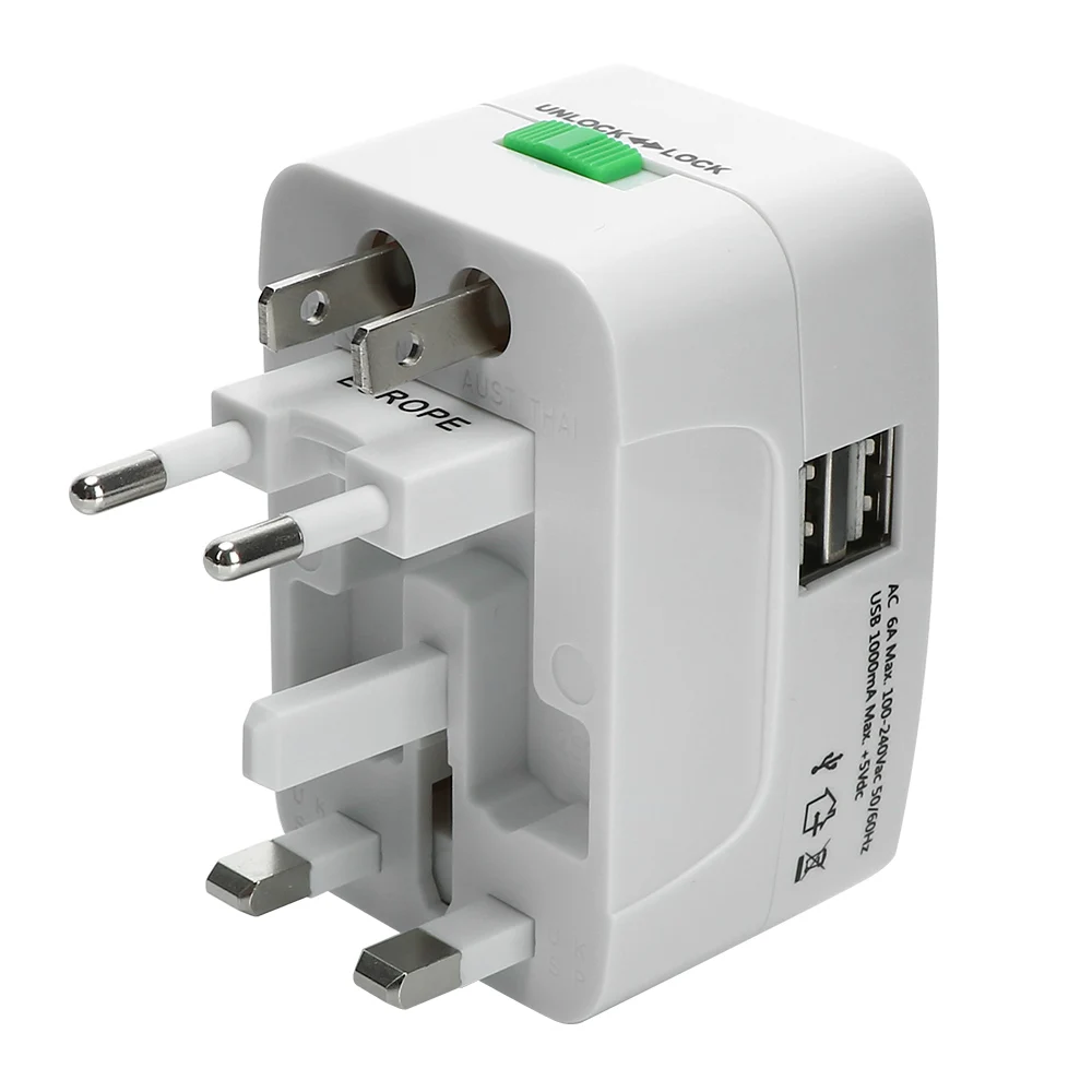Alles-in-één 2-USB-poort Internationale stekkeradapter Wereldreis AC-opladeradapter AU US UK EU-converter Universeel